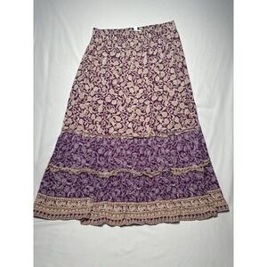 J Jill Mixed Print Ruffle Midi Skirt XS Mulberry Lined‎ Boho Festival Classic